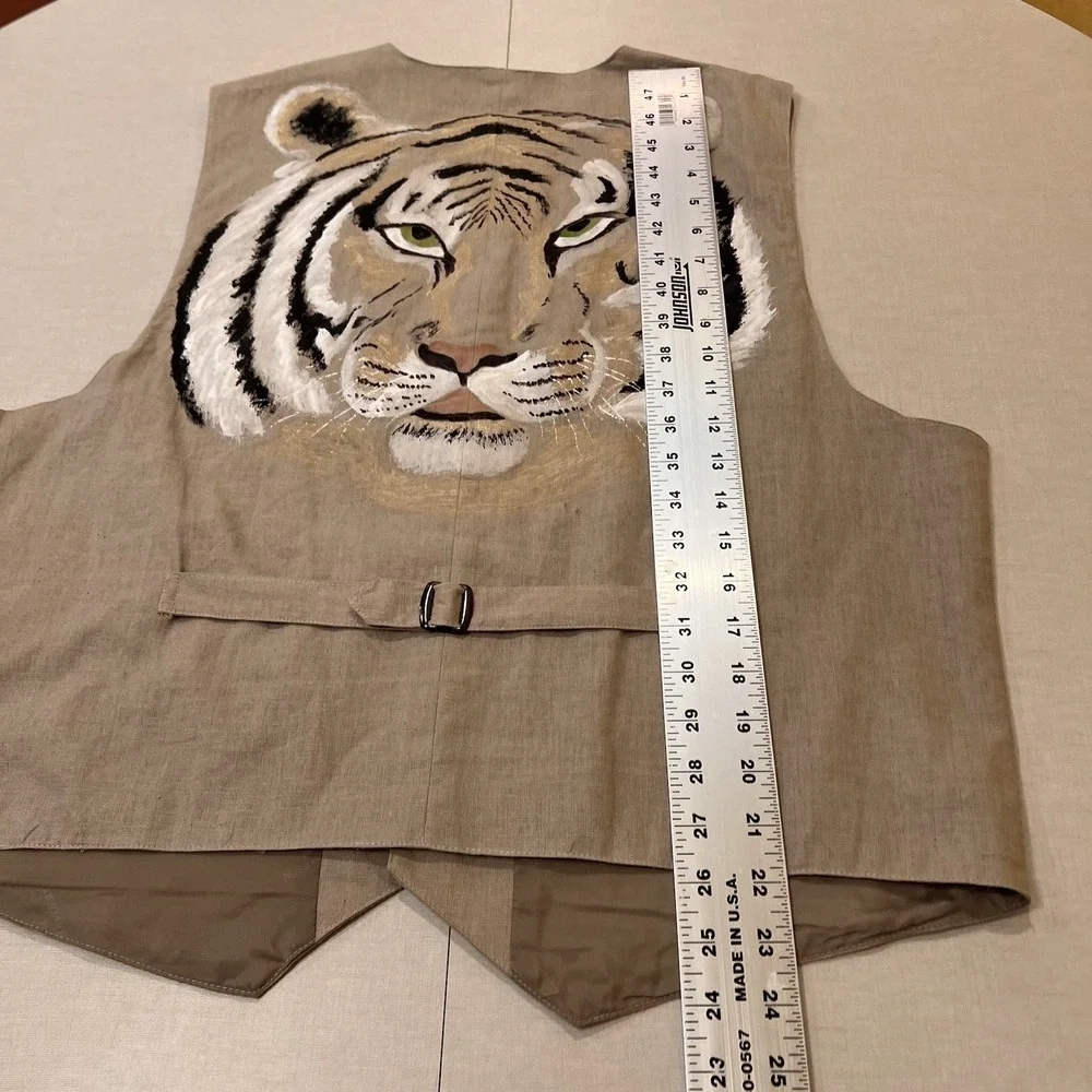 Vtg Natural Rythms Safari Linen Vest Waist Coat L Hand Painted Tiger Pockets Art